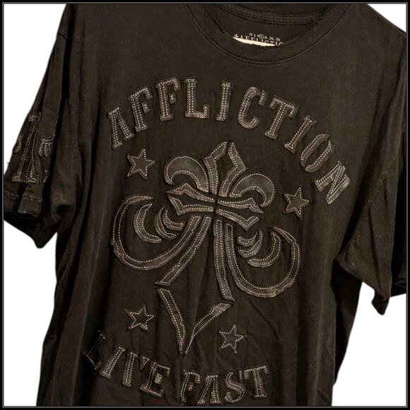 AFFLICTION Live Fast Black Leather Graphic Print Thick Stitch T-Shirt Men's L - Picture 2 of 8